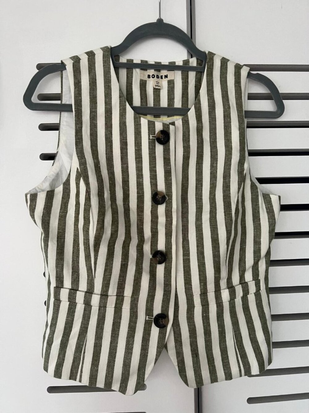 Boden Olive Ivory Stripe Linen Vest & Wide Leg Pants Set Size 8 - Picture 6 of 13